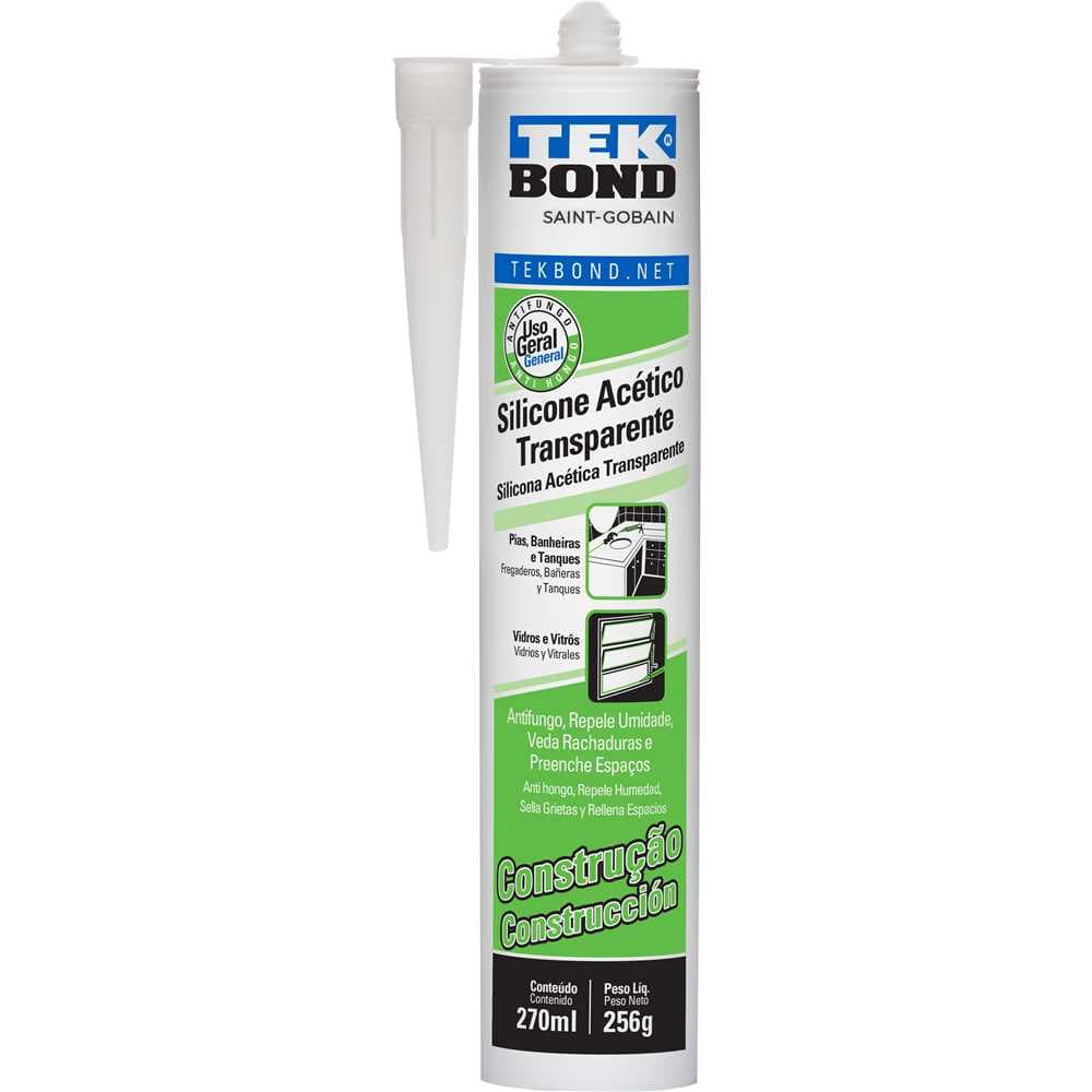 Borracha de silicone acético, transparente, 256 g, TEKBOND